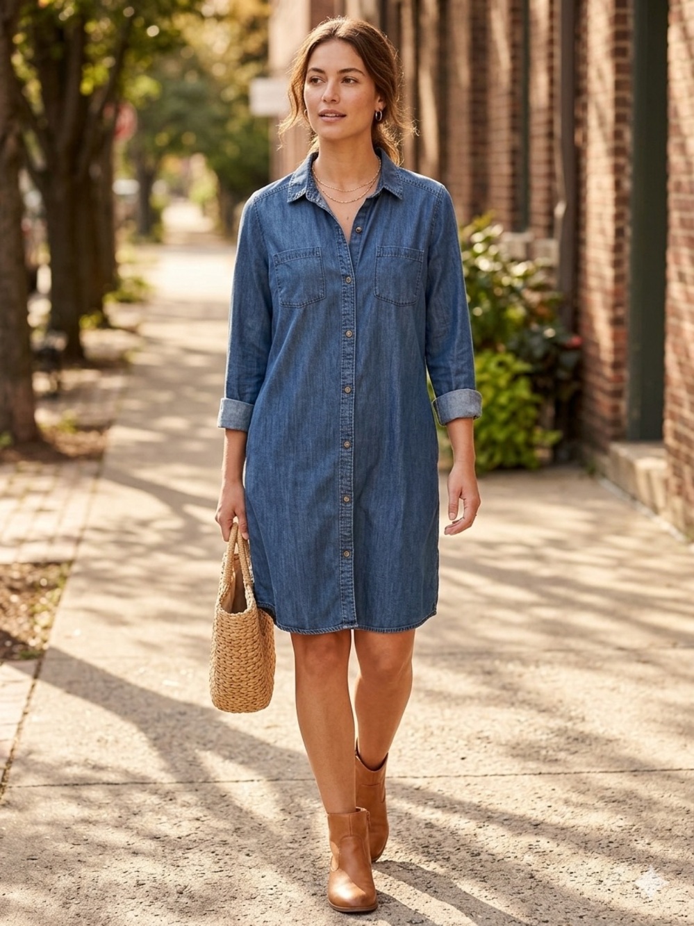 A New Day Denim Shirt Dress Blue Chambray Button Down Size L